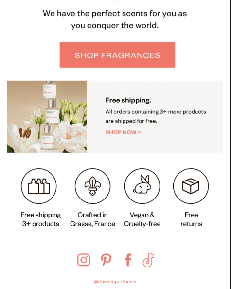 International women's day newsletter with a CTA to shop for fragrances